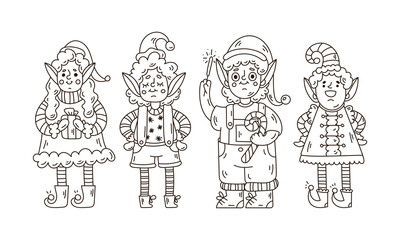 Set of Christmas doodle Characters for coloring book pages. Cute Santa's elves boys and girls.