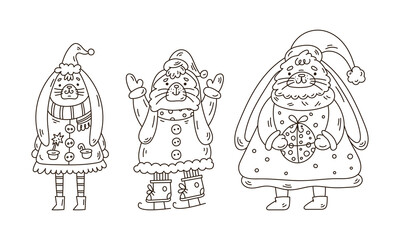 Set of cute Christmas rabbits in doodle style for coloring book page.