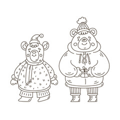 Cute doodle Teddy Bears for Christmas coloring book pages.