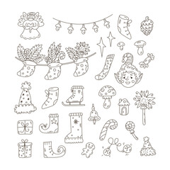 Christmas decor elements set in doodle style. Cute coloring book pages