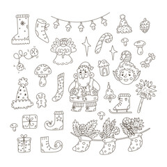 Coloring book page with Christmas cute doodle elements, Santa Claus and decoration