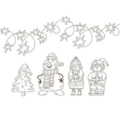 Christmas coloring book page with cute characters boy, girl, snowman and Xmas tree in doodle style