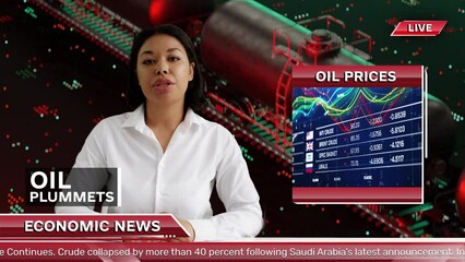 Oil plummets, generic economic news background presented by woman newsreader