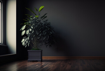 Dark, empty space with a wooden floor and a plant in a container as a backdrop. Generative AI