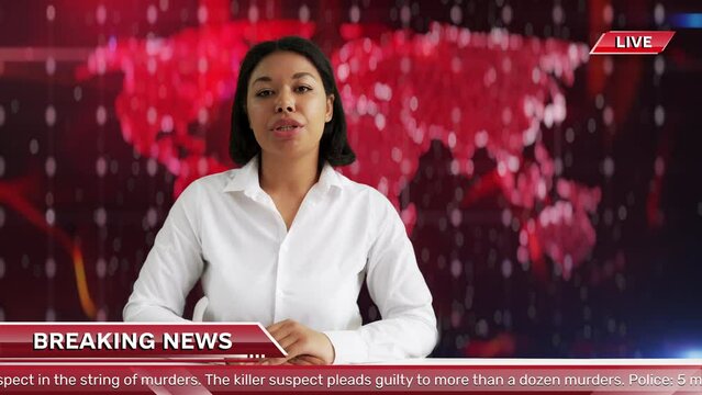 African American TV newsreader broadcasting breaking news on generic background