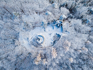 Aerial view of the castle ruins in a snowy forest
