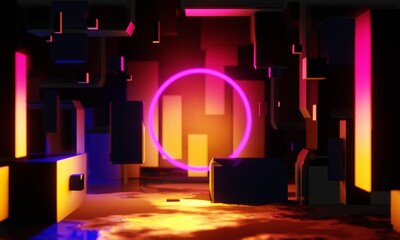 3d illustration rendering, gaming gamer background abstract wallpaper, cyberpunk style metaverse scifi game, neon glow of stage scene pedestal room