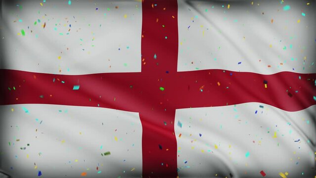 Waving England Flag with Red Cross and Falling Confetti in a Festive Scene