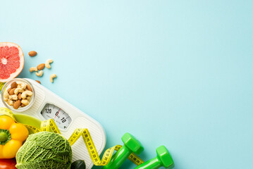 Detox concept. Top view photo of scales dumbbells vegetables fruits grapefruit bell pepper nuts almonds cashew and tape measure on isolated pastel blue background with copyspace
