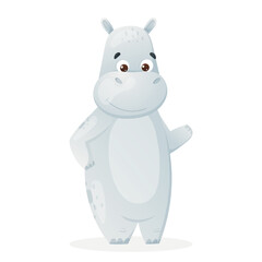 Vector cartoon illustration of standing cute hippo on white background.
