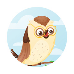 Vector cartoon round banner with cute wise owl on blue sky background with clouds.