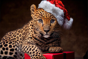 portrait of a leopard in santa hat