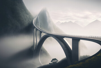 Highway bridge with curves in a misty valley. Generative AI