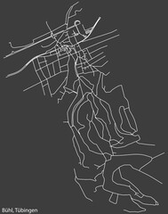 Detailed negative navigation white lines urban street roads map of the BÜHL DISTRICT of the German town of TÜBINGEN, Germany on dark gray background