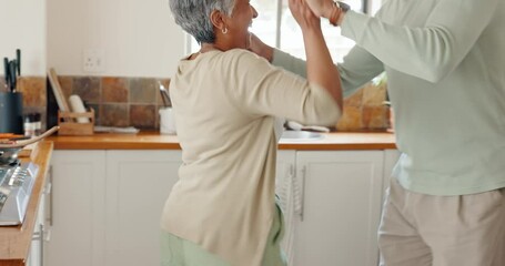 Love, senior couple and dance in kitchen, relationship and romance for marriage or fun. Romantic, mature male and elderly female dancing, bonding and loving together to relax, happiness or retirement