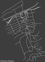Detailed negative navigation white lines urban street roads map of the KILCHBERG DISTRICT of the German town of TÜBINGEN, Germany on dark gray background
