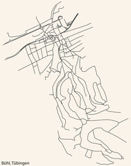 Detailed navigation black lines urban street roads map of the BÜHL DISTRICT of the German town of TÜBINGEN, Germany on vintage beige background