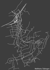 Detailed negative navigation white lines urban street roads map of the WEILHEIM DISTRICT of the German town of TÜBINGEN, Germany on dark gray background