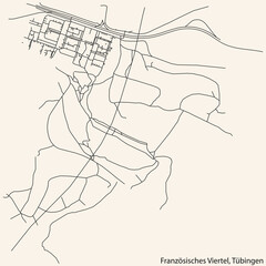 Detailed navigation black lines urban street roads map of the FRANZ&Ouml;SISCHES VIERTEL DISTRICT of the German town of T&Uuml;BINGEN, Germany on vintage beige background