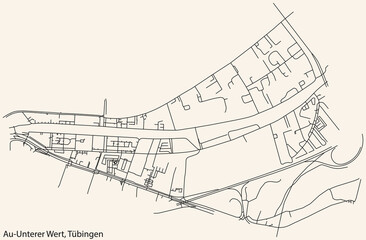 Detailed navigation black lines urban street roads map of the AU-UNTERER WERT DISTRICT of the German town of TÜBINGEN, Germany on vintage beige background