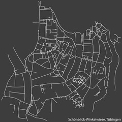 Detailed negative navigation white lines urban street roads map of the SCHÖNBLICK-WINKELWIESE DISTRICT of the German town of TÜBINGEN, Germany on dark gray background