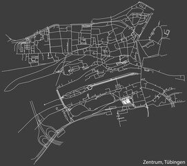 Detailed negative navigation white lines urban street roads map of the ZENTRUM DISTRICT of the German town of TÜBINGEN, Germany on dark gray background