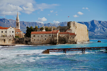 View of the old town of Budva and mountains, Montenegro