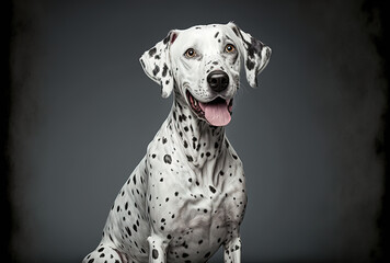 Beautiful Dalmatian dog in studio image smiling serenely while perched alone on a gray backdrop, caring for animals. Generative AI