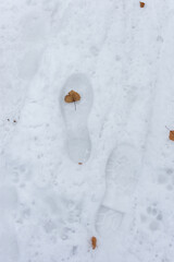 Snow human footprints. A yellow leaf fell on the footprint of a shoe. Vertical abstract natural background. The concept of weather snowfall and winter walks in the fresh air. Human footprints top view