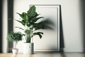 mock up of an interior poster with a white wall, a plant pot, and a flower in the room. Generative AI