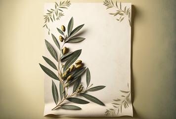 Olive leaf arrangement in a document with copy space. Generative AI