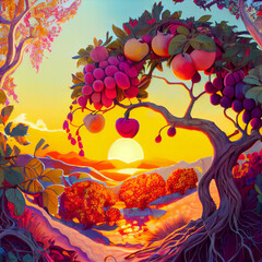 Lush Fruit growing in an orchard during golden hour