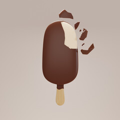 3D rendering chocolate covered vanilla ice cream, Popsicle Broken chocolate