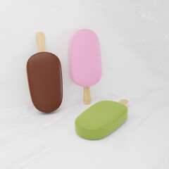 3D rendering ice cream stick on marble background, Ice cream covered with chocolate