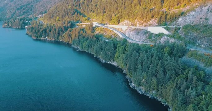 Aerial view along the mountains of the Sea to Sky Highway 97 and the Pacific Ocean in British Columbia, Canada