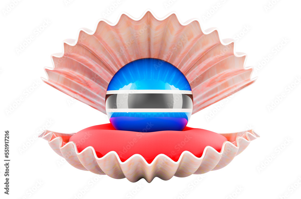 Poster travel in botswana, concept. pearl with botswanian flag inside seashell, 3d rendering