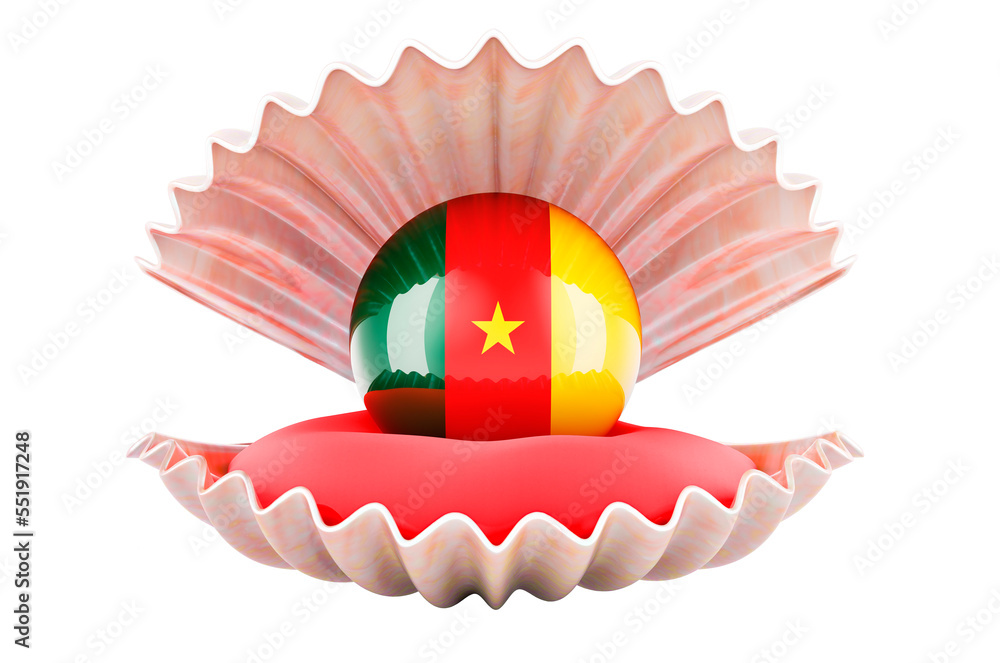 Poster travel in cameroon, concept. pearl with cameroonian flag inside seashell, 3d rendering