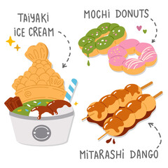 Vector illustration set of cute  doodle asian food taiyaki, donuts, dango for print ,design, greeting card,sticker,icon