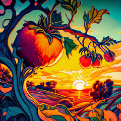 Lush Fruit growing in an orchard during golden hour