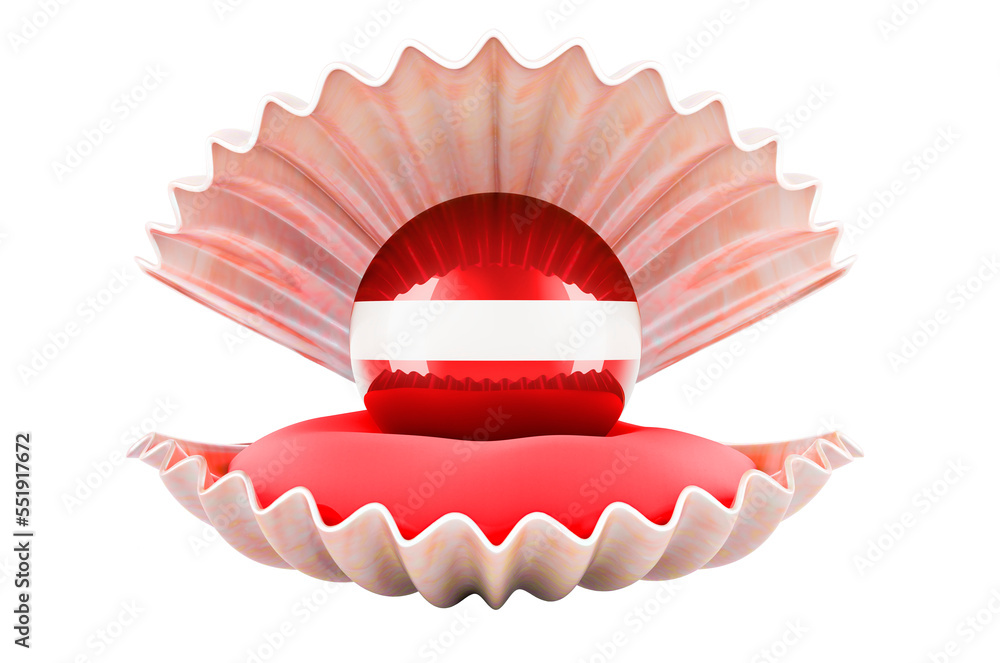 Poster travel in latvia, concept. pearl with latvian flag inside seashell, 3d rendering