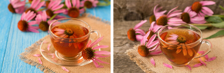 Cup of echinacea tea on blue wooden table