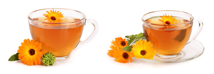 Calendula tea with fresh flowers isolated on white background