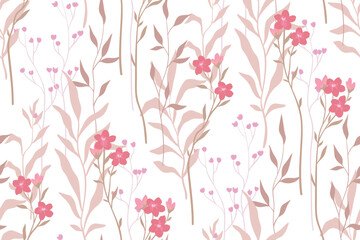 Seamless floral pattern with delicate botanical arrangement on a white background. Romantic flower design with hand drawn wild plants: small flowers, leaves on branches, herbs. Vector illustration.