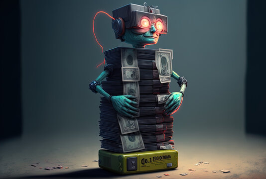 stack of $100 notes with a human character mascot and an abstract battery charging in the backdrop. Generative AI