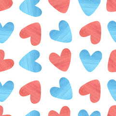 Seamless pattern blue and red hearts on the white background. Romantic texture for wrapping paper, fabrics, decor. Also suitable for valentines day.