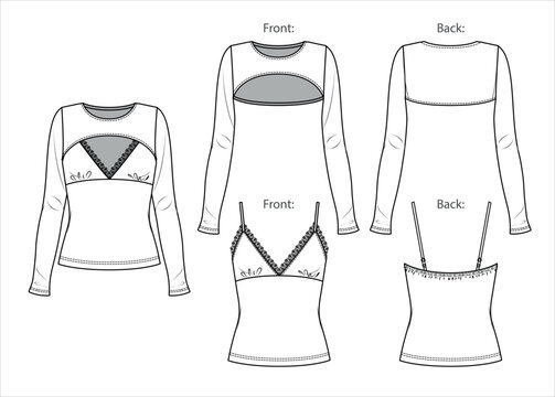 Vector 2 pieces set fashion CAD, long sleeved woman crop bolero and tank top with lace trim technical drawing, sketch, template, flat. Jersey or woven fabric blouse with front, back view, white color