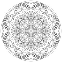 Colouring page, hand drawn, vector. Mandala 133, ethnic, swirl pattern, object isolated on white background.
