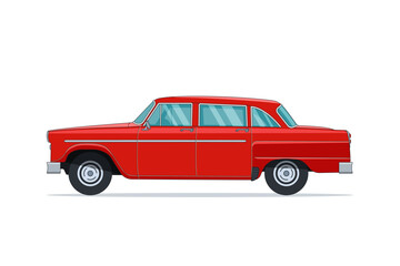 Classic red sedan car 60s. American retro vehicle. Vector illustration in cartoon style
