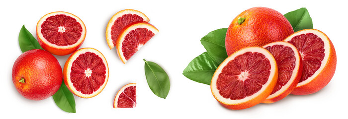 Blood red oranges isolated on white background . Top view. Flat lay - obrazy, fototapety, plakaty