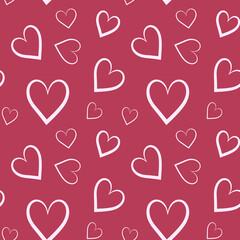 Seamless pattern of random shape pink hearts on magenta background. Design for Valentine's Day, wedding and mother’s day celebration, greeting cards, home decor, textile, wrapping paper, scrapbooking.